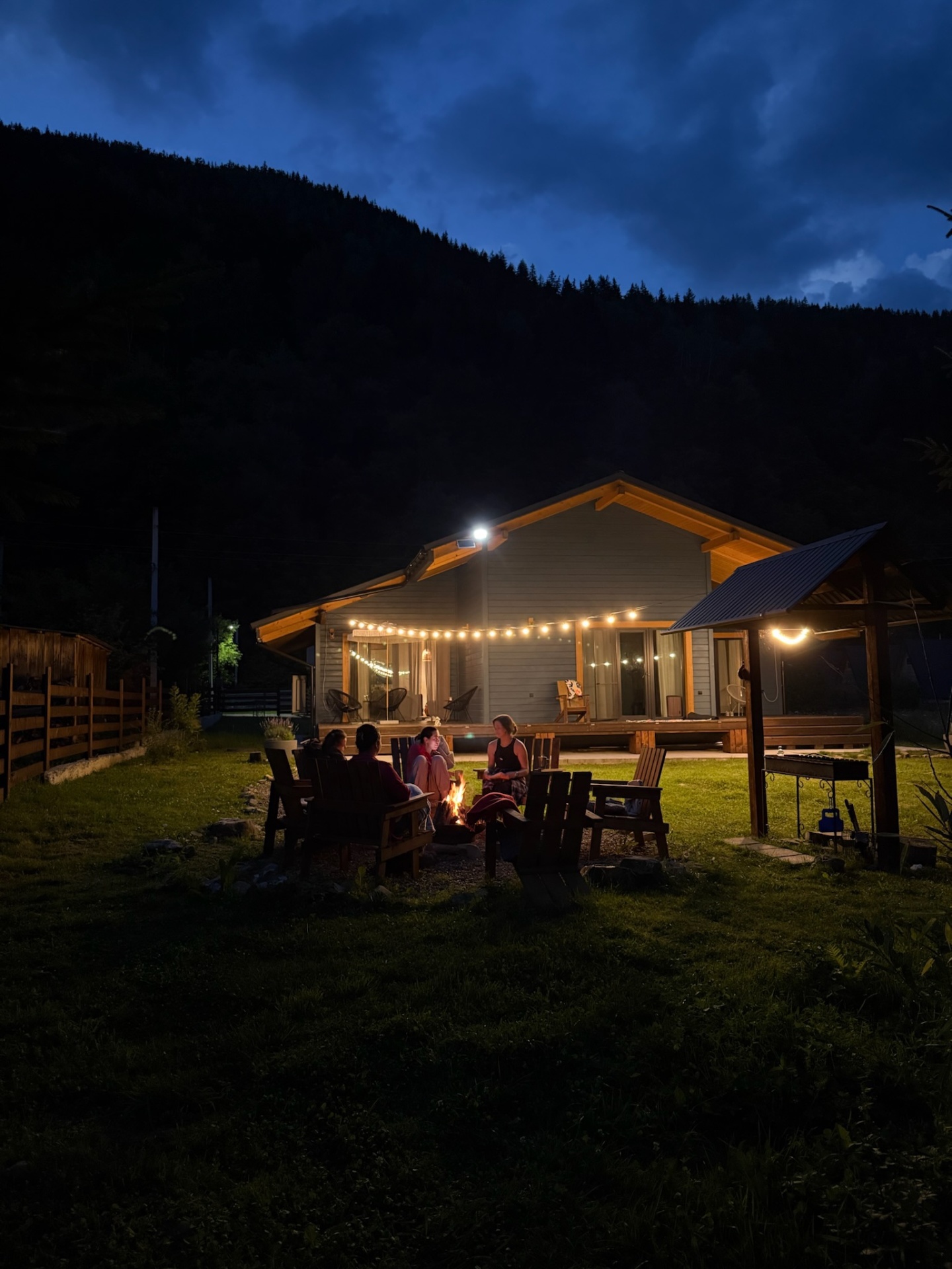 Evening fire pit at the Blue House vacation rentals in the Carpathians
