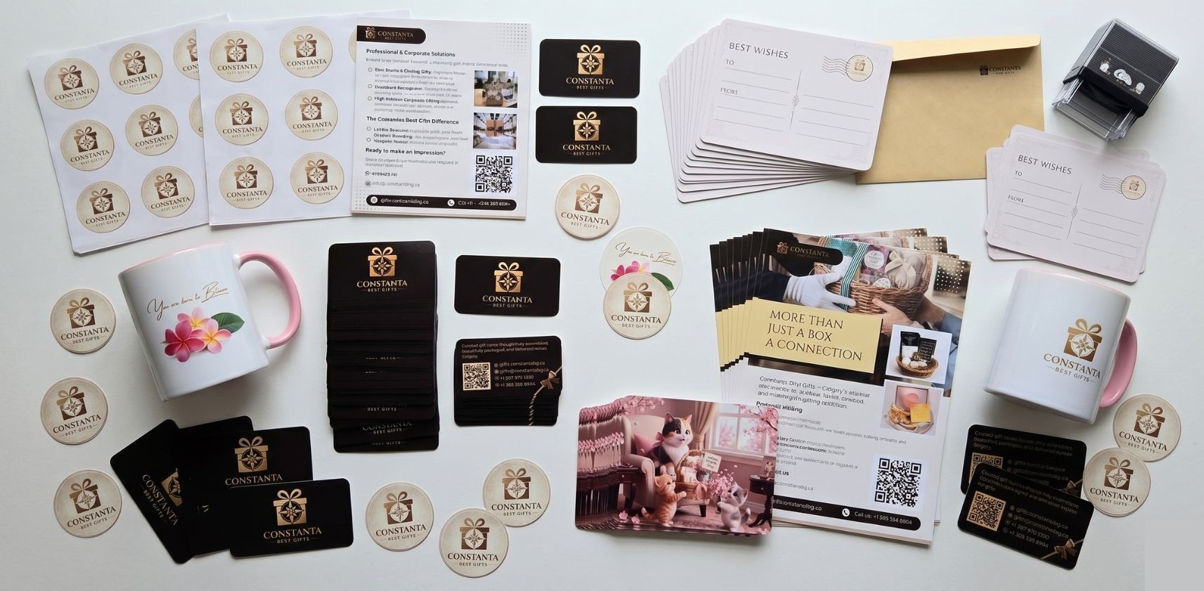Constanta Best Gifts print collateral, business cards, stickers, postcards, and packaging