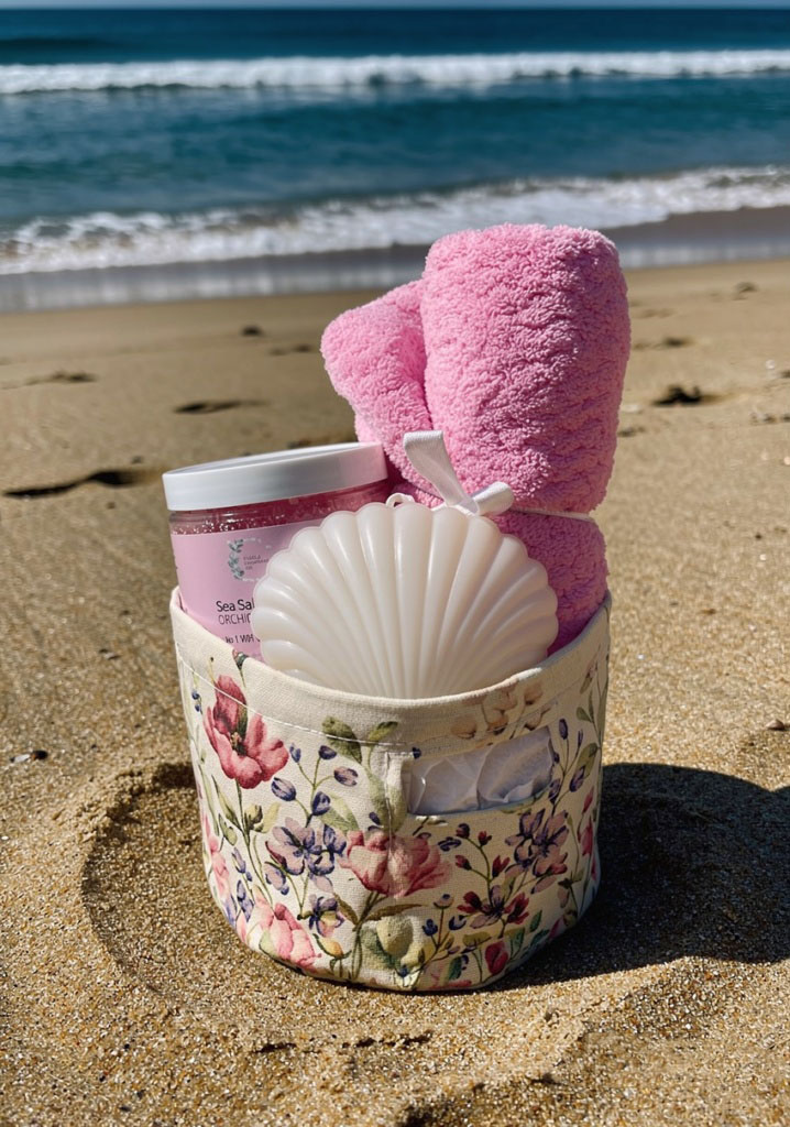 Pink gift basket on a sandy beach with waves in the background