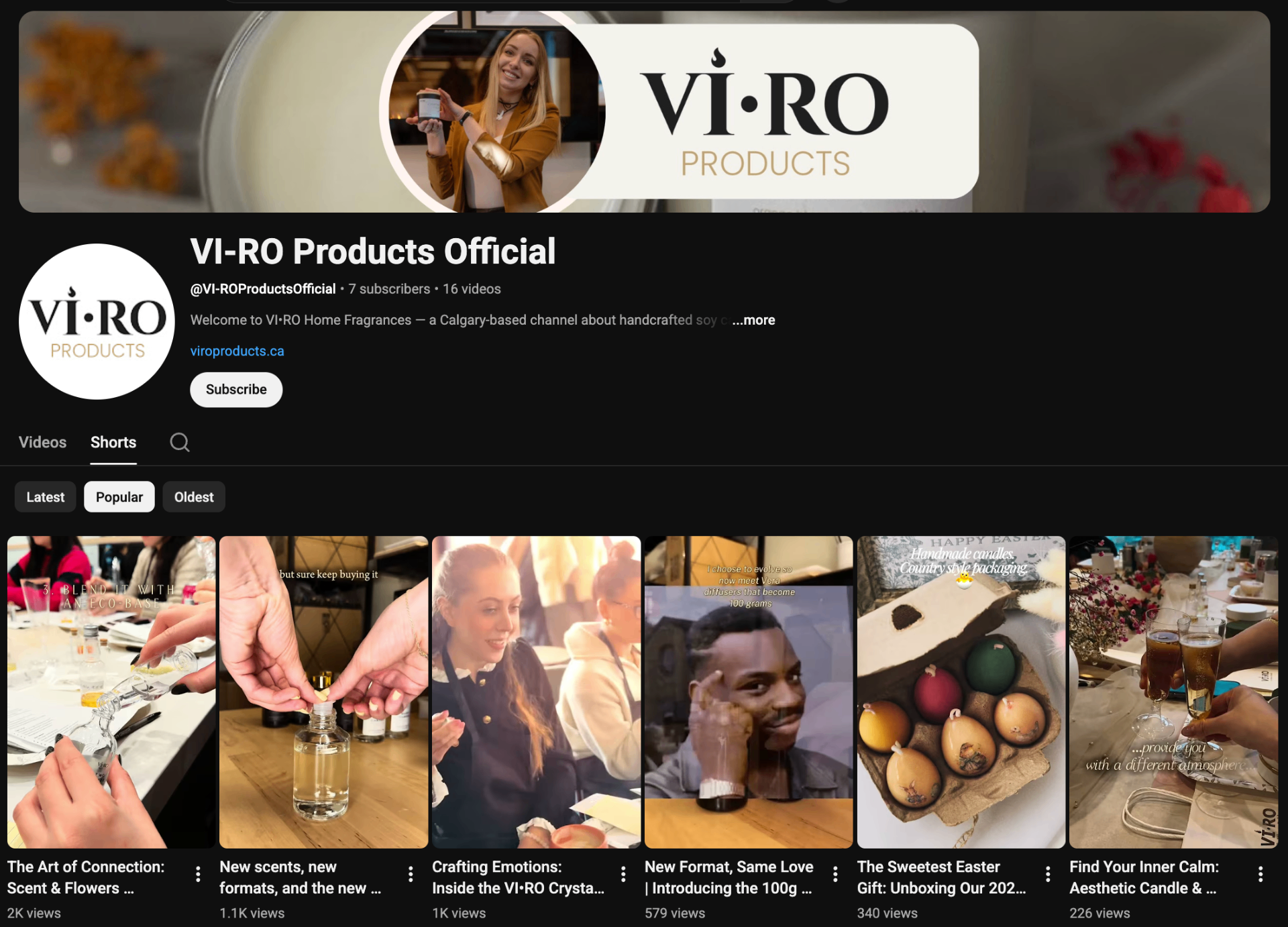 VI•RO Products Official YouTube channel showing behind the scenes shorts and videos